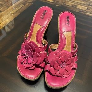 Born Pink Floral Leather Slip-On  Wedge Sandals Size 8